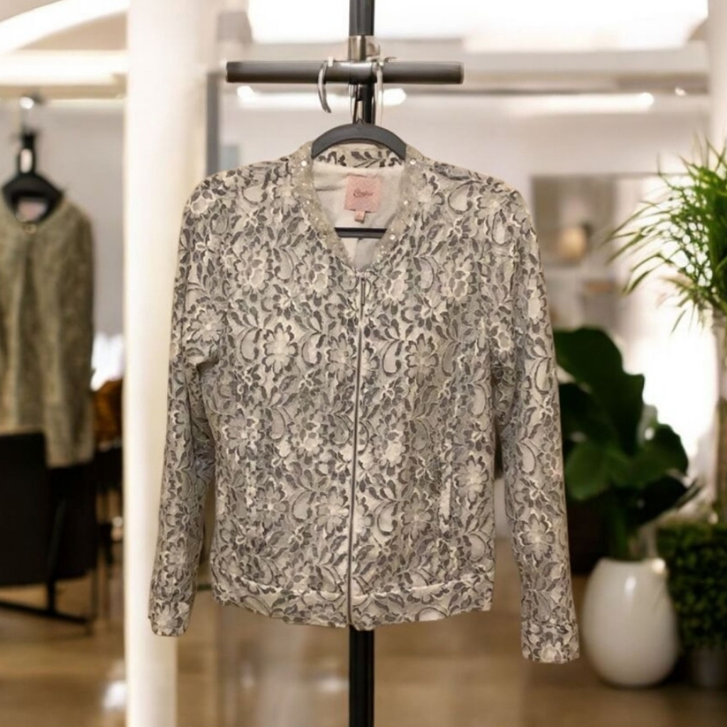 Lace & Floral Beaded Bomber Jacket By Candies Ready Lace Over Gray Full Lined L